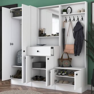 Dmora Mueble De Entrada Manzano, Espejo Incluido, Perchero, 7 Estantes, 179x37x183h Cm Blanco