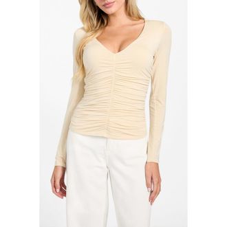 Guess Ayleen Ruched Long Sleeve Jersey Top in Beige at Nordstrom, Size X-Small