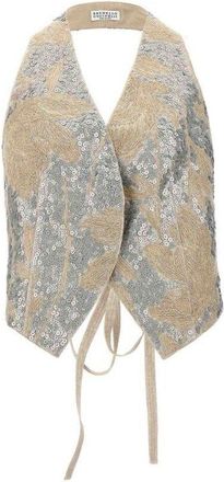 Brunello Cucinelli Beige Embroidered Linen Vest, Size XS