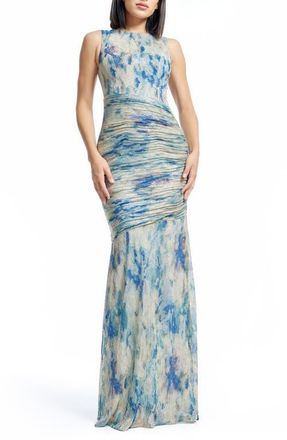 Dress The Population Violetta Metallic Floral Print Trumpet Gown in Pale Blue Multi at Nordstrom, Size X-Large