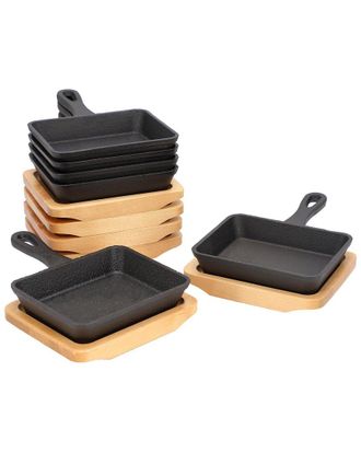 MegaChef 6Pc Mini Cast Iron Square Pan With Wood Tray