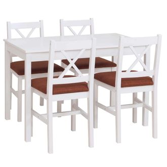 Hhg [non Utilizzato] Set Tavolo Con 4x Sedie Country Classica Cucina Soggiorno Hhg-619 Legno Massello, Bianco Cuscini Arancione