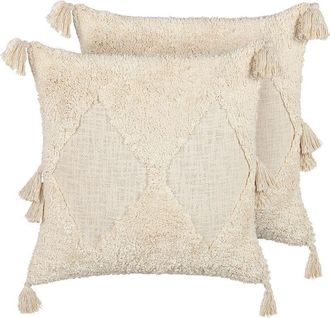 Beliani Conjunto De 2 Cojines De Algod&oacute;n Beige Claro 45 X 45 Cm Borlas Relleno Avium