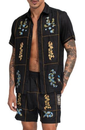 Agua Bendita Jack Linen Camp Shirt in Black Multi at Nordstrom, Size X-Large