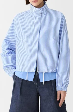 Lafayette 148 New York Stripe Cotton Zip Front Bomber Jacket in Blue Hydrangea Multi at Nordstrom, Size Large