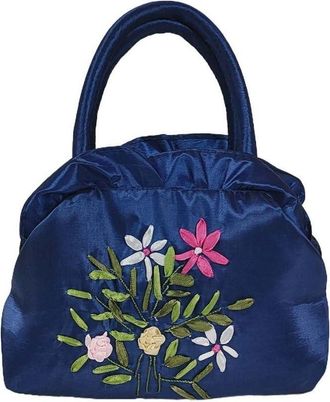 Generic Ethnic Style Tote Bag, Small Purse Wallet, Embroidery Flower Satin Silk Handbag, Zipper Flower Wrist Bag for Women Phone Cosmetic(navy blue)
