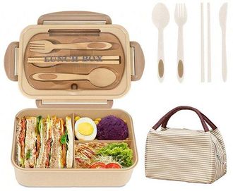 OEM Fiambrera Bento Para Ni&ntilde;os Y Adultos, 1400 Ml Con 3 Compartimentos, Incluye Cubiertos, Kit Para Picnic Escolar (color Caqui)