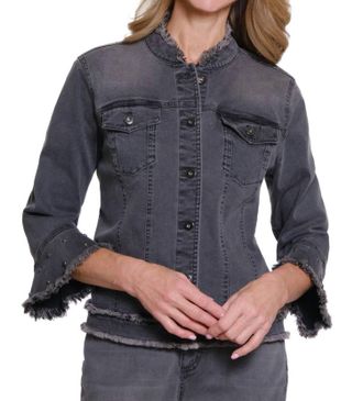 Multiples 3/4 Flounce Sleeve Stand Collar Jacket In Medium Grey