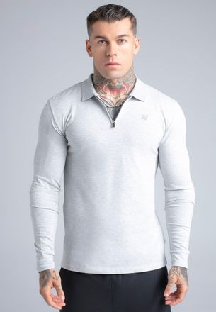 Siksilk Hombres Gris Marl Manga Larga con Cremallera Polo Camiseta XXL