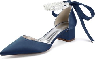 Generic Bridal Shoes Satin Womens Block Heel Wedding Shoes Pointed Toe Prom Party Dress Pumps 4.5Cm,Dark Blue,10 UK