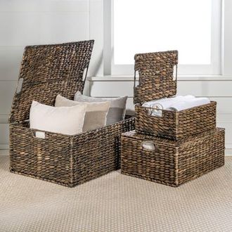 Happimess Brooks Classic Farmhouse Woven Hyacinth Rectangular Storage Baskets with Lids and Handles, in Brown at Nordstrom