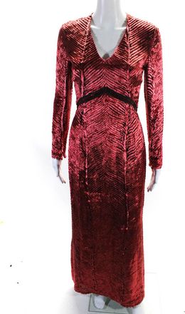 J. Mendel Womens Long Sleeve V Neck Chevron Fringe Dress Orange Black