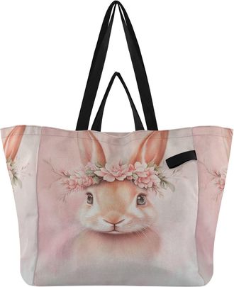 Generic Rabbit Pink Floral pattern Reusable Canvas Tote Bag, Heavy Duty Grocery Shopping Bag with Hard Bottom Double Handles Large Capacity Work Groceries Tra