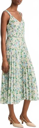 Vince Painted Garden V-Neck Pleated Dress In Herb Petal