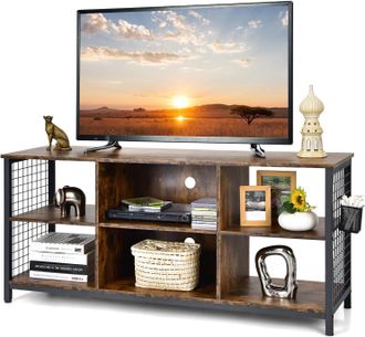 Costway Costway - Mobile Tv Industriale Fino A 65, Tavolo Multimediale A 3 Ripiani Con Cesto Portaoggetti, Mobile Tv In Legno Con 2 Fori Per La Gestione Dei C