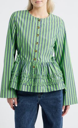 Damson Madder Madison Stripe Organic Cotton Peplum Button-Up Top in Green at Nordstrom, Size 12 Us