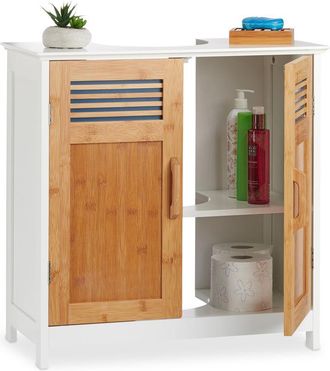Relaxdays Relaxdays - Basin Vanity Unit, Bamboo Doors, Height-Adjustable Shelf, Siphon Cut-Out, hwd: 60x60x30cm, Natural/White