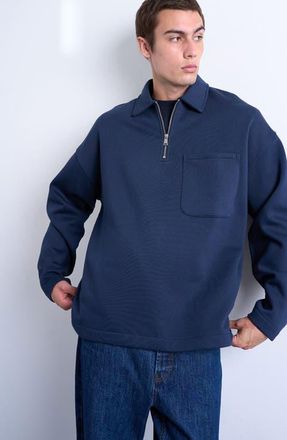 Topman Oversize Long Sleeve Quarter Zip Polo in Navy at Nordstrom, Size Xx-Large