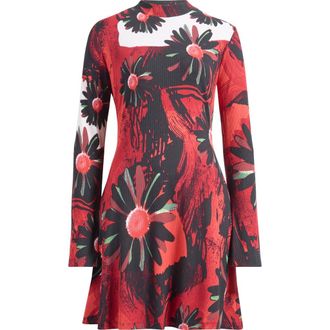 Desigual Floral Long Sleeve Rib Knit Dress in Red at Nordstrom Rack, Size X-Large