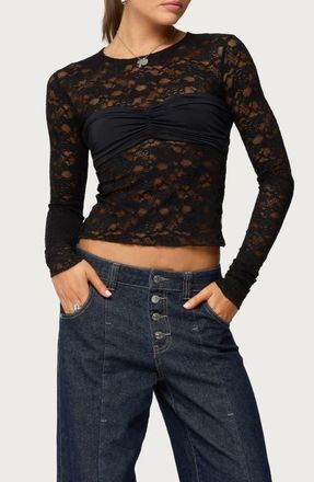 Edikted Rosette Bandeau Long Sleeve Lace Top in Black at Nordstrom, Size X-Large