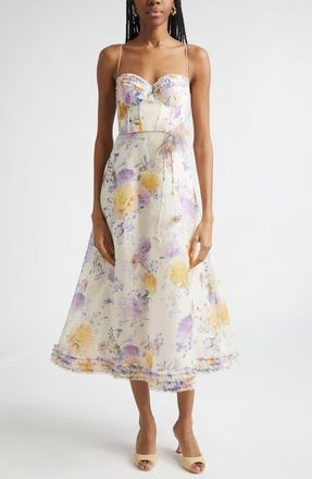 Zimmermann Luna Ruffle Linen & Silk Corset Midi Dress in Cream Dahlia at Nordstrom, Size 2