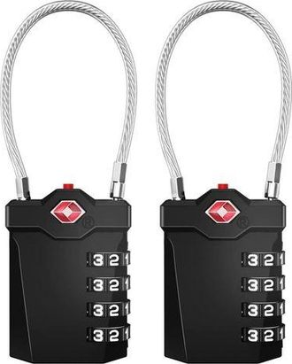 OEM Candado Para Maleta, Candado De Combinaci&oacute;n Tsa De 4 D&iacute;gitos Con Alarma De Apertura, Candado De Cable Para Gimnasio (2 Unidades, Negro)