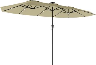 OUTSUNNY Sombrilla Doble Con 36 Luces Led Solares, 4x2 M, Sombrilla Terraza Exterior Con Manivela, Upf50+, 12 Varillas, Resistente Al Agua, Beige