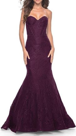 La Femme Mermaid Stretch Lace Dress with Bustier Top and Sheer Back in Dark Berry at Nordstrom, Size 0