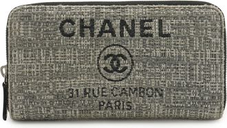 Chanel Black Gray Tweed Leather Long Wallet (Bi-Fold) (Pre-Owned)