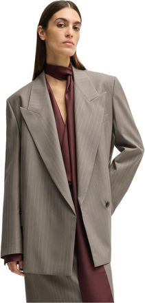 HUGO BOSS Womens Striped Patterned Oversized Fit Blazer Jacket in Open Grey - Size 8 UK