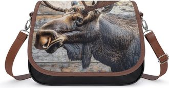 Generic Moose And Wood Crossbody Bag Womens Handbag PU Message Bags Shoulder Purse with Adjustable Strap