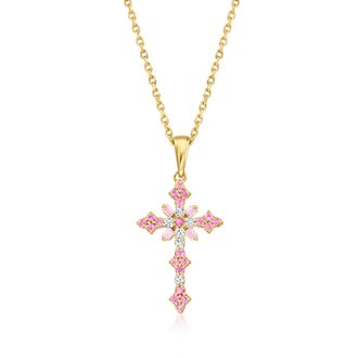 Ross-Simons Pink Sapphire Cross Pendant Necklace With Diamonds in 18kt Gold Over Sterling