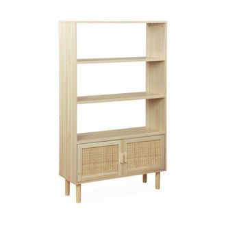 Sweeek Librer&iacute;a con ca&ntilde;a y efecto madera, 3 niveles y 2 puertas, natural