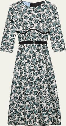 Prada Floral Print Pong&eacute; 3/4-Sleeve Midi Dress