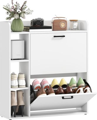 HOMCOM Homcom Zapatero Estrecho Con 2 Puertas 3 Estantes Laterales Y Estantes Ajustables, Para 15 Pares De Zapatos, 83x24x90,5 Cm, Blanco
