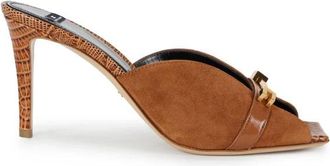Elisabetta Franchi Riviera Su&egrave;de Mules met Juwelen Logo - Dames - Muiltjes - Bruin - 38 1/2 EU - Su&egrave;de - Schoenen