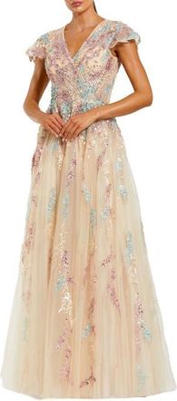 Mac Duggal Embellished Net Wrap Flutter Sleeve Gown in Nude Multi at Nordstrom, Size 16