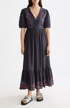 Scotch & Soda Embroidered Puff Sleeve Tiered Cotton & Linen Maxi Dress in Charcoal Art at Nordstrom, Size 10 Us