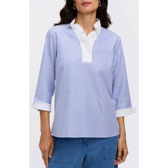 Foxcroft Tammy Ruffle Collar Cotton Top in Powder Blue/White at Nordstrom, Size X-Large