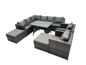 Fimous 10-seater Outdoor PE Rattan Sofa Set with with 2 Chair 2 Big Stools in Dark Grey