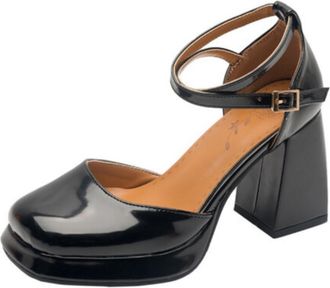 Generic Women Platform Pumps Patent Finish Square Toe Chunky Heel Cross Ankle Strap Gold Buckle Open Back Non Slip Durable Comfortable Dress Party Shoes,Black