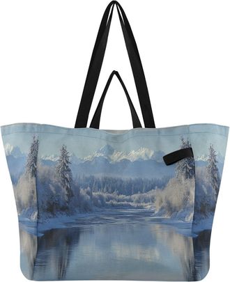 Generic Snowy Mountain Blue print Reusable Canvas Tote Bag, Heavy Duty Grocery Shopping Bag with Hard Bottom Large Capacity Double Handles Work Groceries Trav
