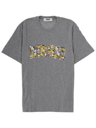 Msgm Black Sequin Floral Patch Cotton T-Shirt
