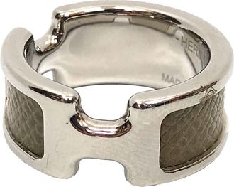 Herm&egrave;s Silver Etoupe Gray Leather Metal Band Ring (Pre-Owned)