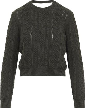 Jil Sander Gebreide cropped trui met kabelpatroon - Dames - Ronde hals truien - Groen - M - Wol - Truien & Vesten