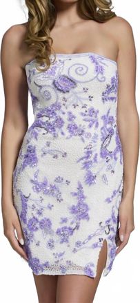 Jovani Strapless Mini Dress With Beaded Floral Embellishments In White/liliac