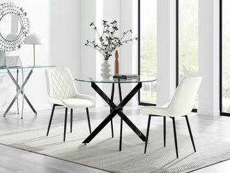 Furniturebox Novara 100cm Round Black Leg Dining Table & 2 Pesaro Black Leg Chairs in Cream