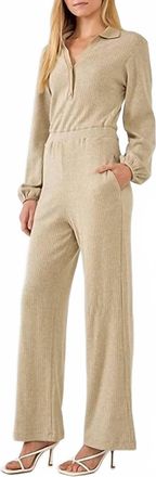 Free the Roses Rib Wide Leg Jumpsuit In Taupe
