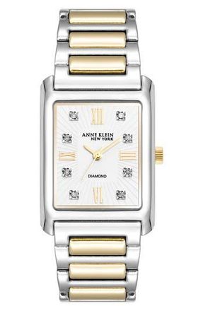 Anne Klein Three Hand Quartz Diamond Dial Bracelet Watch, 26mm x 37mm in Silver/Two-Tone at Nordstrom Rack