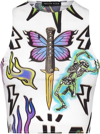 Philipp Plein Crop Top Tattoo Monogram - Dames - Tops zonder mouwen - Veelkleurig - XS - Tops